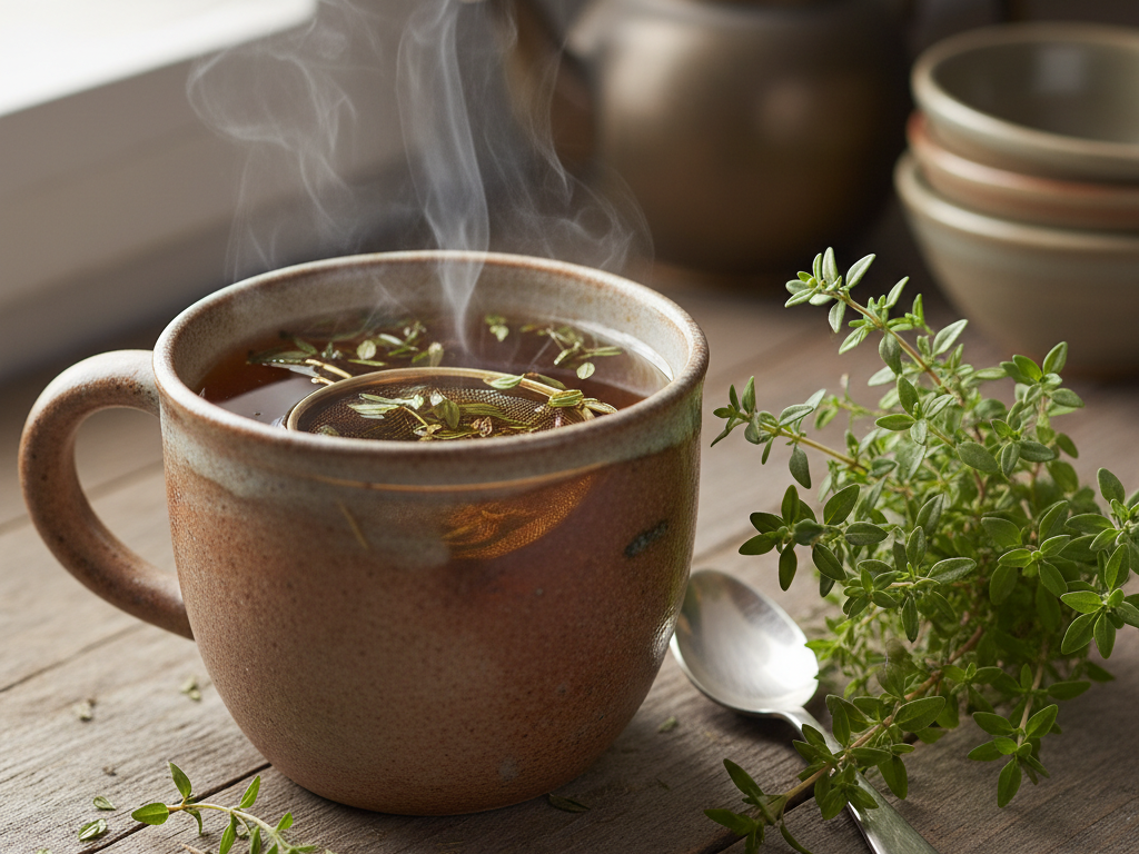 Caneca marrom e chá de tomilho, com um ramod e tomilho ao lado iluminada por uma luz natural que entra pela janela ao fundo