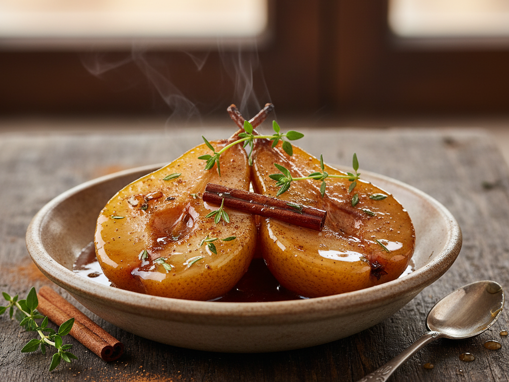 Como preparar peras caramelizadas com tomilho e canela — uma sobremesa vegetal simples, saudável e cheia de sabor.