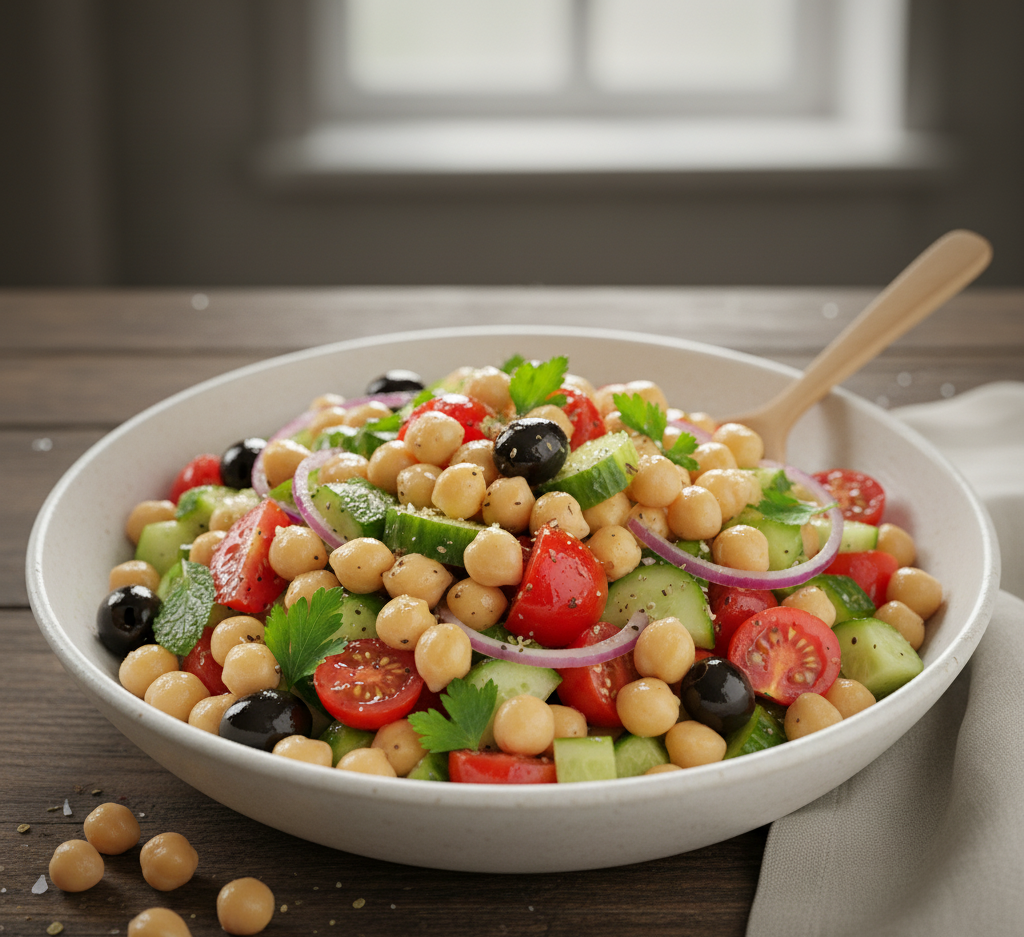 Prato de salada com grao de bico, tomate, pepino, cebola e azeitonas em cima d de uma mesa de madeira com uma colher de bambu dentro