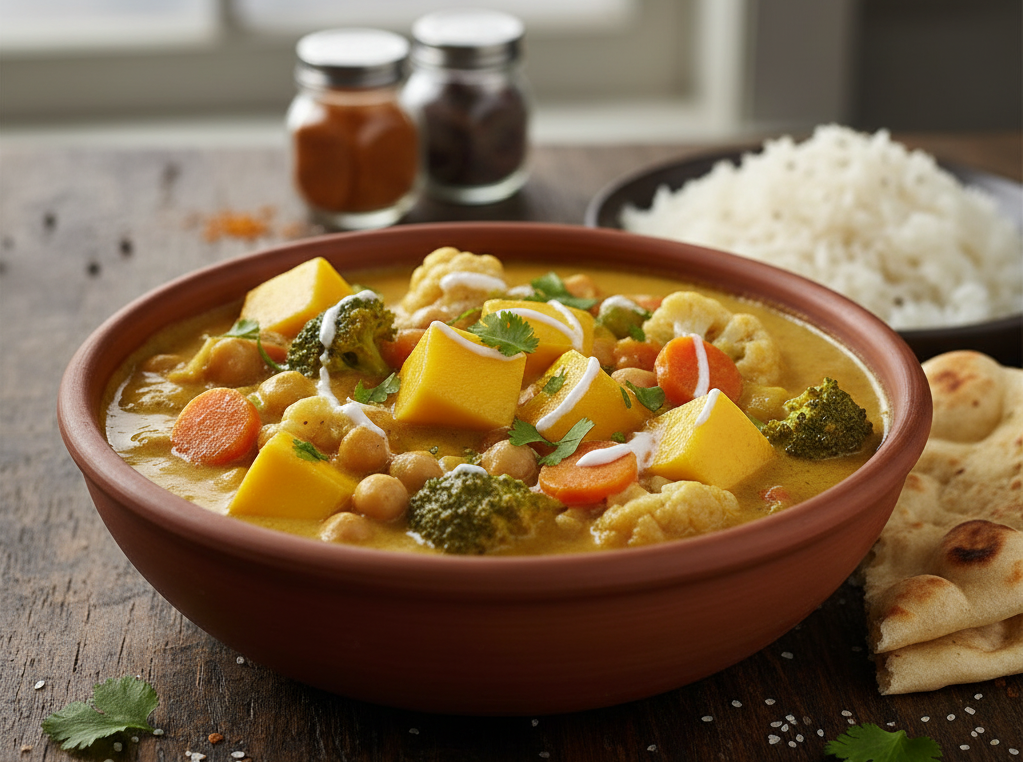 Uma tigela de barro marrom está cheia de um vibrante curry vegano, com pedaços de manga Haden, brócolis, couve-flor, cenouras e grão-de-bico em um molho amarelo cremoso, guarnecido com um fio de creme e folhas de coentro. Ao fundo, potes de especiarias, um prato de arroz branco e pão naan estão sobre uma mesa de madeira.