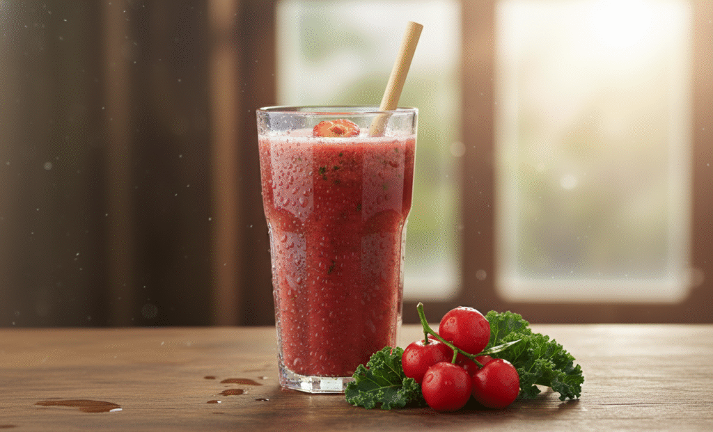 Um copo de suco detox de acerola e couve, vermelho vibrante, com gotículas de água na superfície, indicando que está gelado. Um canudo de bambu está dentro do copo, e ao lado, há um pequeno cacho de acerolas frescas e algumas folhas verdes de couve em uma mesa de madeira. A luz solar entra suavemente por uma janela ao fundo.