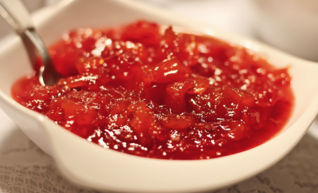 Uma tigela branca de formato alongado, preenchida com um chutney vibrante de acerola. O chutney é de cor vermelho intensa e possui pedaços visíveis da fruta, imersos em um molho espesso e brilhante. Uma colher de metal está parcialmente visível no canto superior esquerdo da tigela.