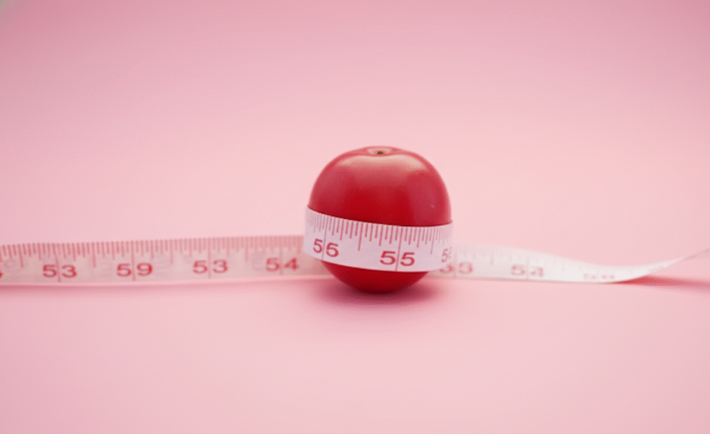 Uma única acerola vermelha brilhante está centralizada em um fundo rosa suave e liso. Uma fita métrica branca com marcações vermelhas está enrolada firmemente em volta da acerola, com o número '55' visível no centro. As extremidades da fita métrica se estendem para os lados, saindo da imagem. A composição minimalista sugere o conceito de medição e controle de peso associado à acerola.