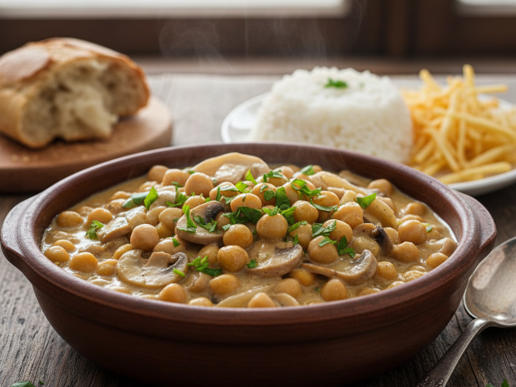 Uma tigela de barro marrom está cheia de estrogonofe cremoso de grão de bico e cogumelos, salpicado com salsa fresca picada. O vapor sobe levemente da tigela. Ao fundo, um pedaço de pão francês, um prato com arroz branco e batatas fritas são visíveis sobre uma mesa de madeira.