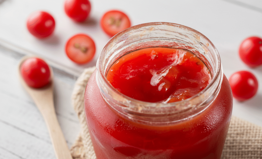 Um pote de vidro aberto, cheio de geleia vermelha vibrante de acerola, está em primeiro plano sobre um tecido de juta rústico. Ao fundo, fora de foco, várias acerolas frescas e algumas cortadas ao meio estão espalhadas sobre uma superfície de madeira clara e pintada de branco. Uma colher de pau vazia também aparece desfocada no lado esquerdo. A imagem transmite uma sensação caseira e natural.