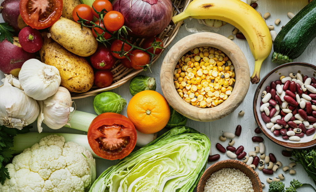 Um guia da alimentação vegetal ilustrado por uma rica variedade de alimentos frescos dispostos sobre uma mesa clara. Uma laranja e uma banana se juntam a vegetais como tomates, batatas e couve-flor, além de tigelas rústicas com feijões e lentilhas, inspirando uma dieta saudável e colorida