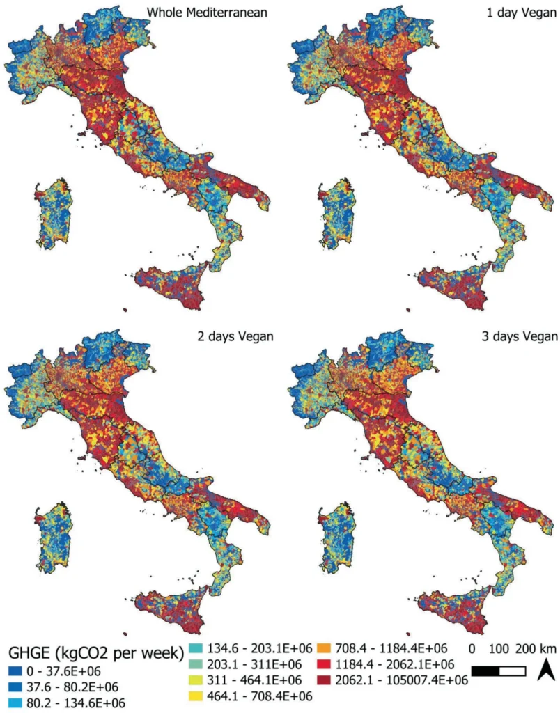 Mapa da itália com o comparativo realizado na pesquisa entre a dieta vegana e mediterrânea sob o GHGE (kgCO₂/kg)