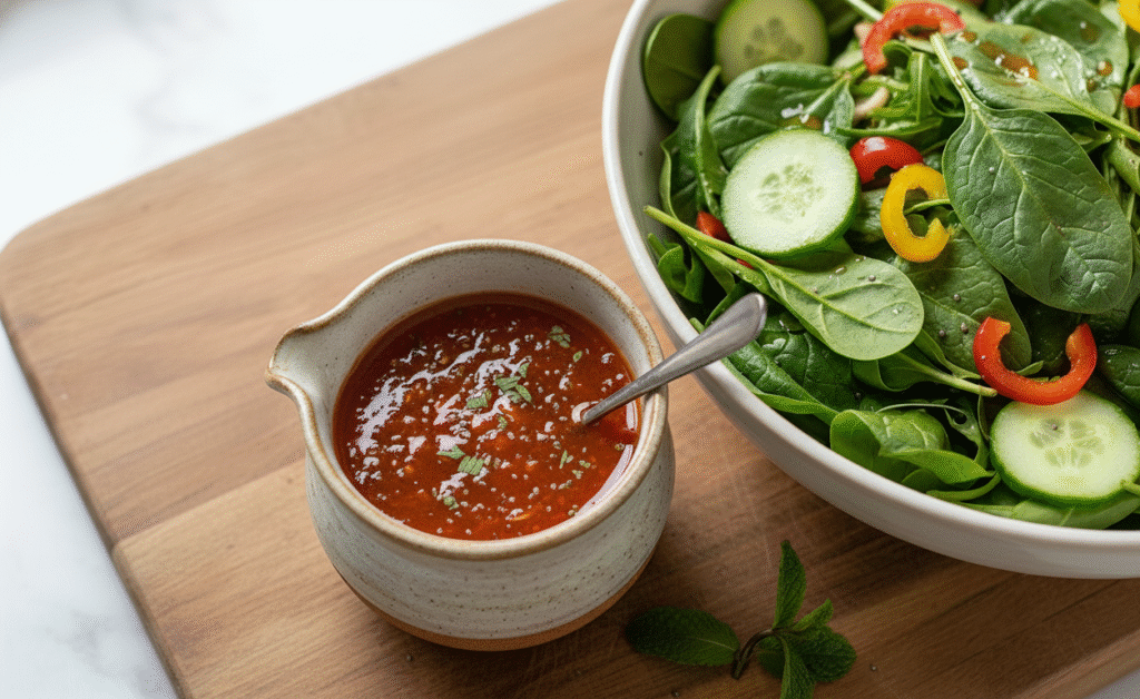 Uma tigela branca de salada fresca, com espinafre, rodelas de pepino e pimentões coloridos, está posicionada à direita sobre uma tábua de corte de madeira clara. Ao lado esquerdo da salada, na mesma tábua, há um pequeno molheira de cerâmica rústica, cheia de um molho vermelho vibrante com pedacinhos, que sugere ser o molho de acerola. Uma colher de metal está imersa no molho. Algumas folhas de hortelã estão espalhadas na tábua, adicionando um toque de frescor. O fundo é uma superfície branca e lisa.