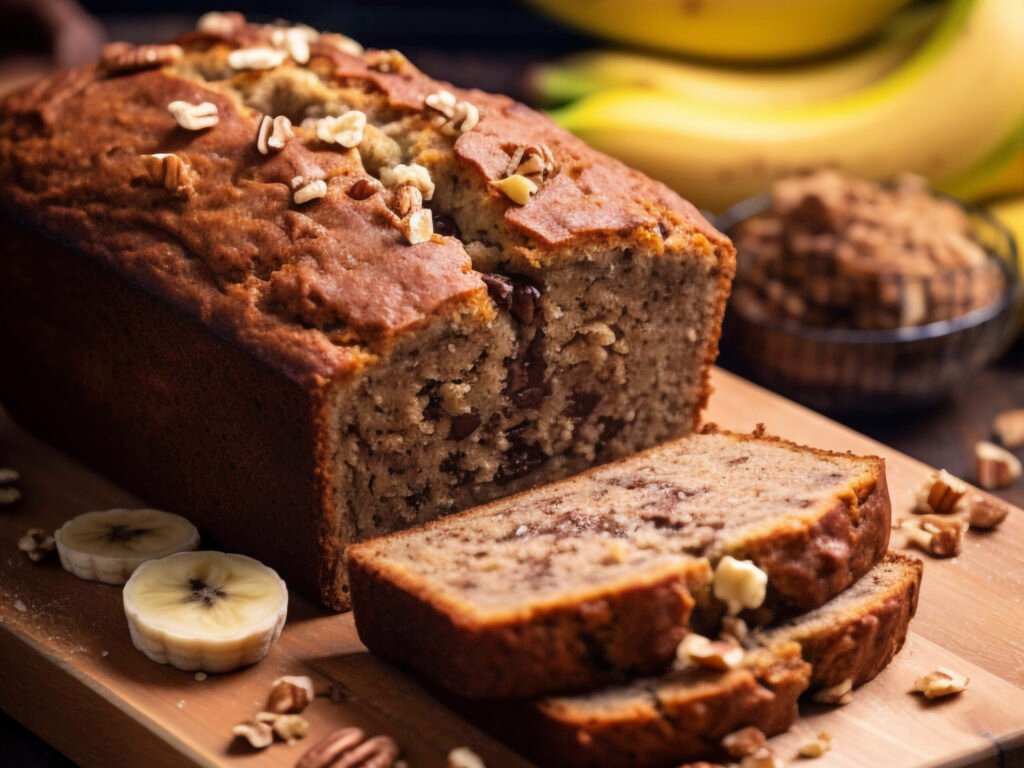 Pão de banana feito na airfryer em cima de uma tabua de madeira com bananas ao fundo