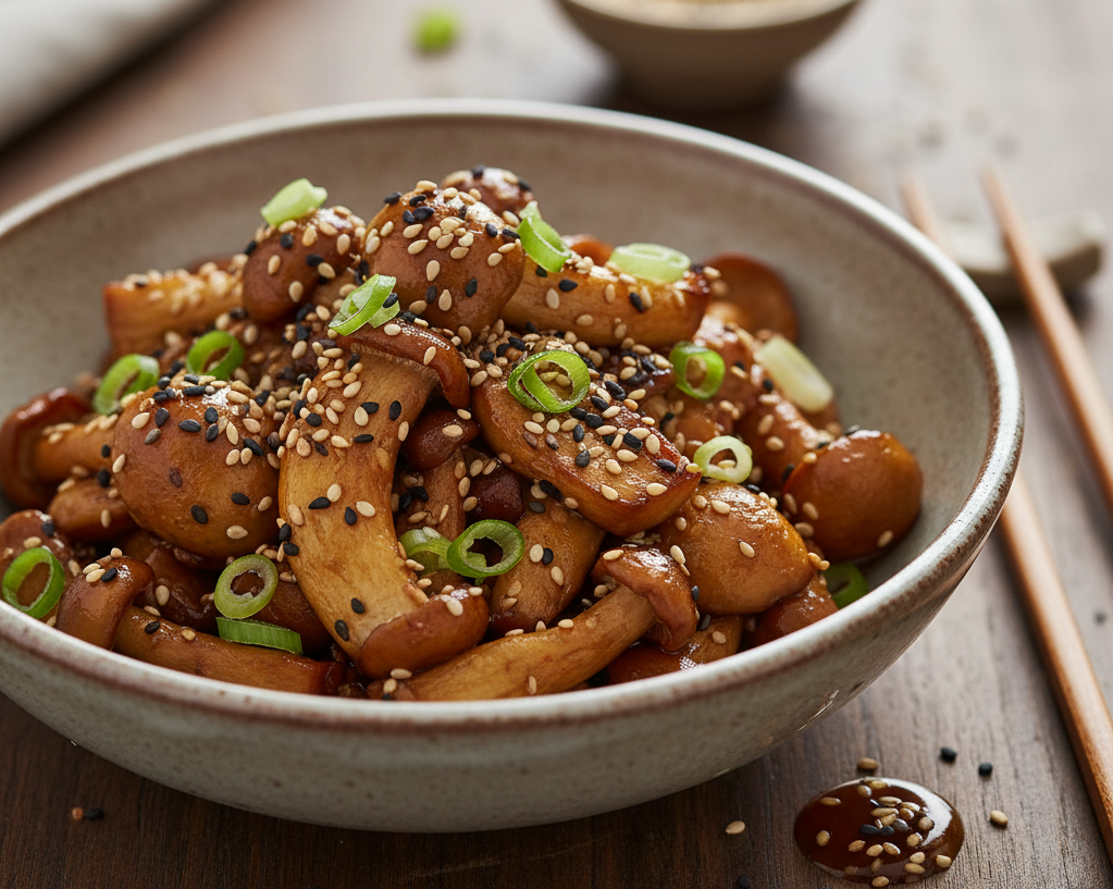 Uma tigela rústica de cerâmica contém shimeji assado, brilhante com molho de shoyu, e generosamente salpicado com sementes de gergelim brancas e pretas, além de cebolinha verde picada. Ao fundo, um pequeno pote de sementes de gergelim e um par de hashis repousam sobre uma superfície de madeira. Gotas de molho e sementes de gergelim estão espalhadas na mesa.