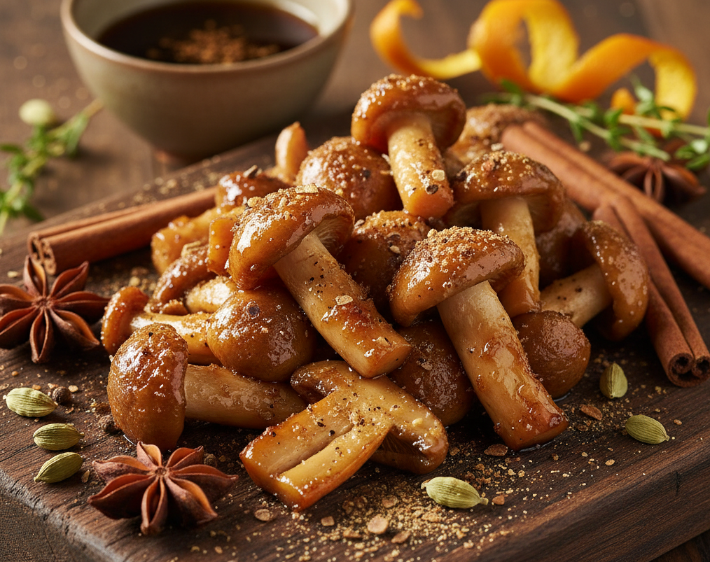 Uma tigela de shimeji caramelizado com especiarias, incluindo canela, anis estrelado e cardamomo, em uma tábua de madeira.