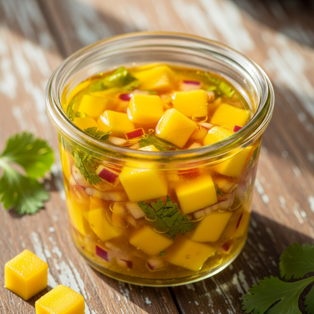 Pote de vidro com vinagrete de manga haden em cima de uma mesa de madeira