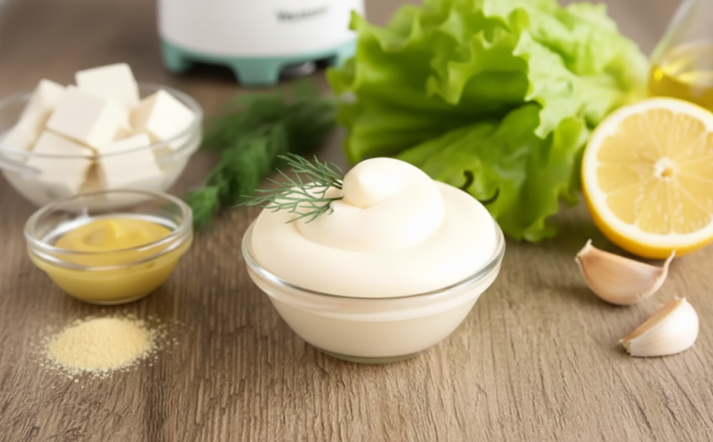 Uma tigela de maionese vegana com um raminho de endro no topo, cercada por ingredientes como alface, tofu, mostarda, alho, um limão cortado ao meio e azeite, sobre uma mesa de madeira.
