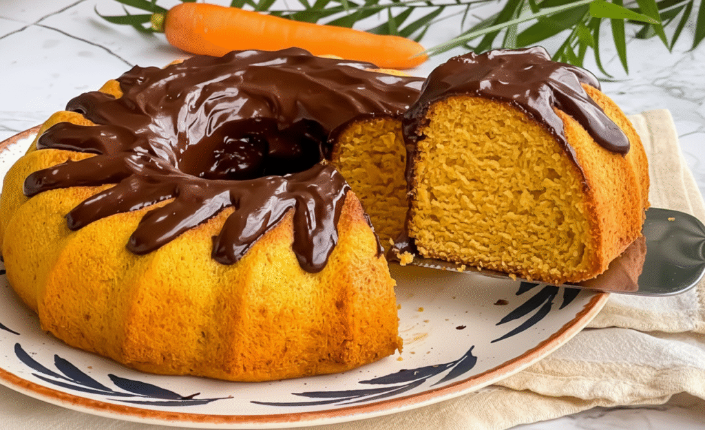 Fotografia de um delicioso bolo de cenoura fofinho com cobertura de chocolate, ideal para receitas de sobremesa. Uma fatia perfeita é servida, mostrando a textura da massa. A composição inclui uma cenoura e folhas verdes ao fundo para um visual fresco e caseiro.